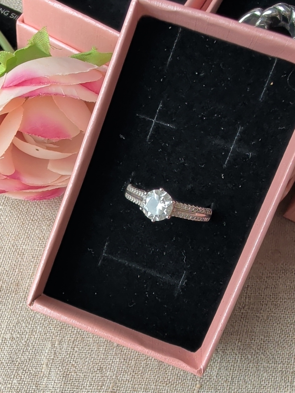 925 Sterling Silver Glass Solitaire Ring with CZ Accents Engagement Style